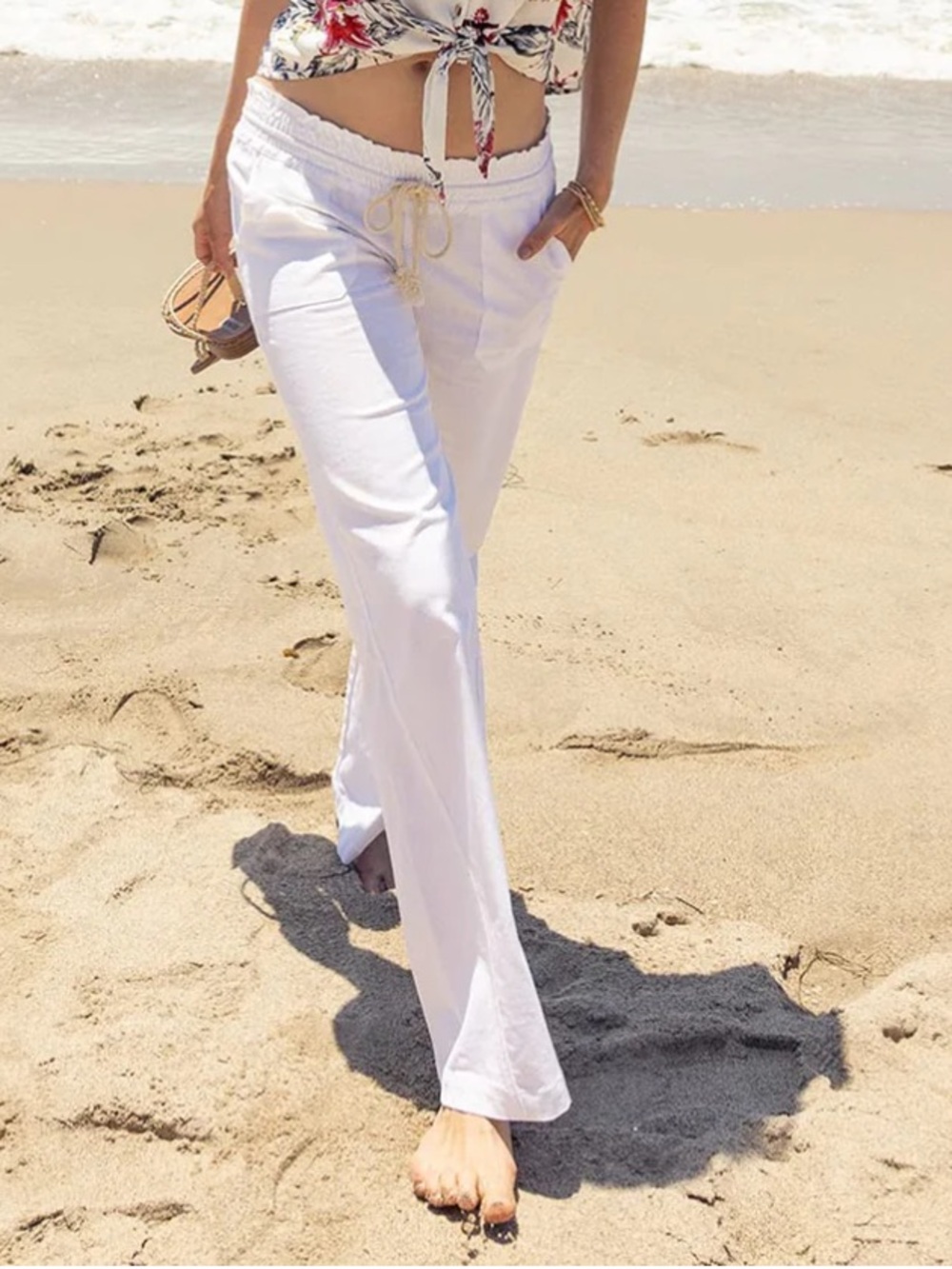 Women's Wide Leg linen blend Drawstring Pants - White